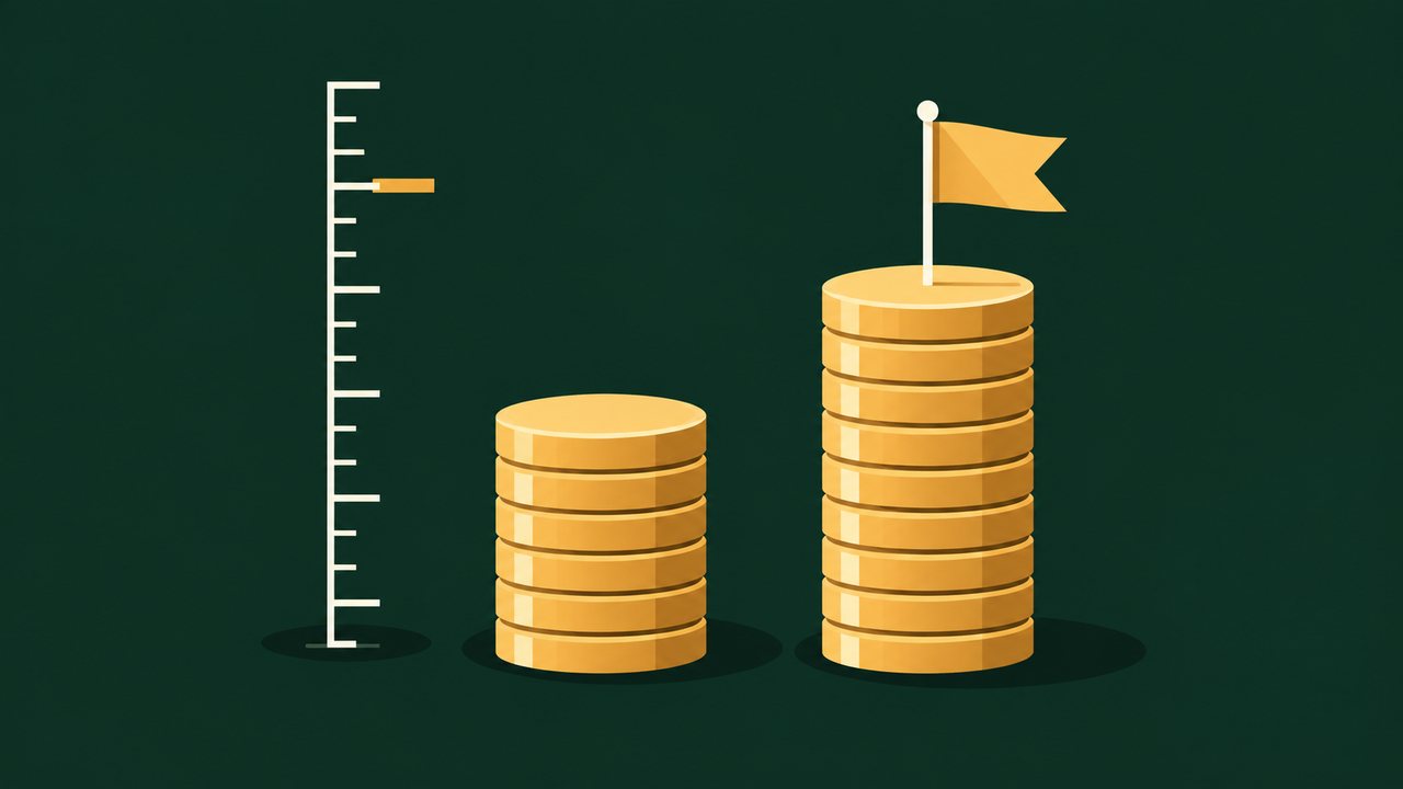 Illustration of a gauge beside two stacks of coins, with a flag marking the higher stack